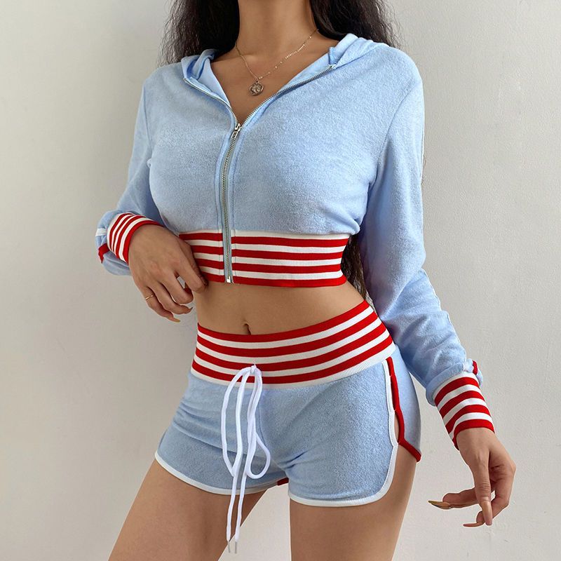 Striped Hoodie+shorts Sports Suit Zipper Color Contrast Slim