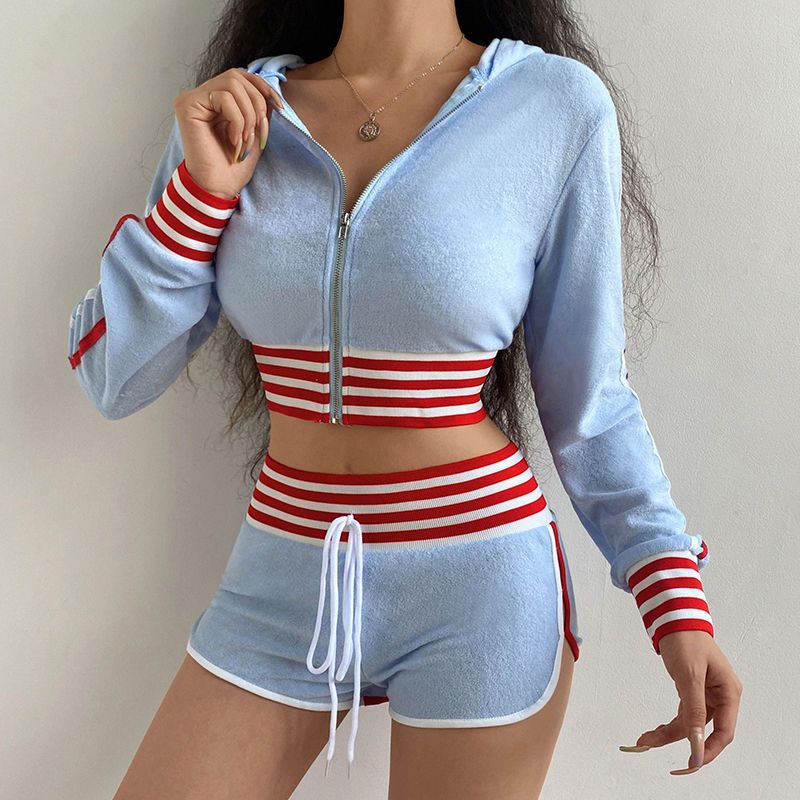Striped Hoodie+shorts Sports Suit Zipper Color Contrast Slim
