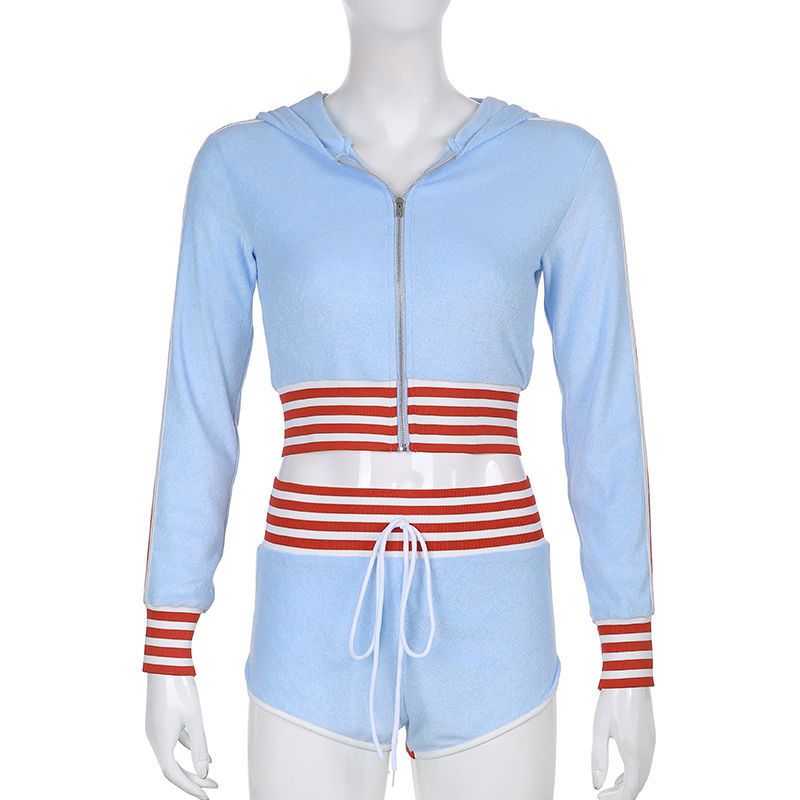 Striped Hoodie+shorts Sports Suit Zipper Color Contrast Slim