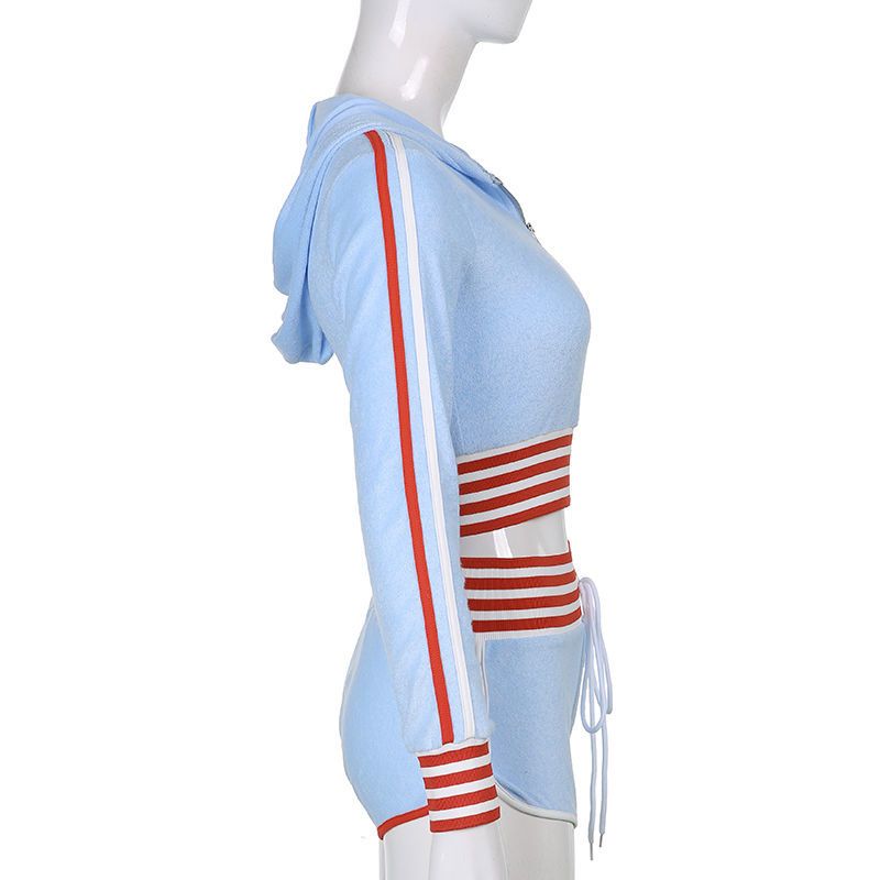 Striped Hoodie+shorts Sports Suit Zipper Color Contrast Slim