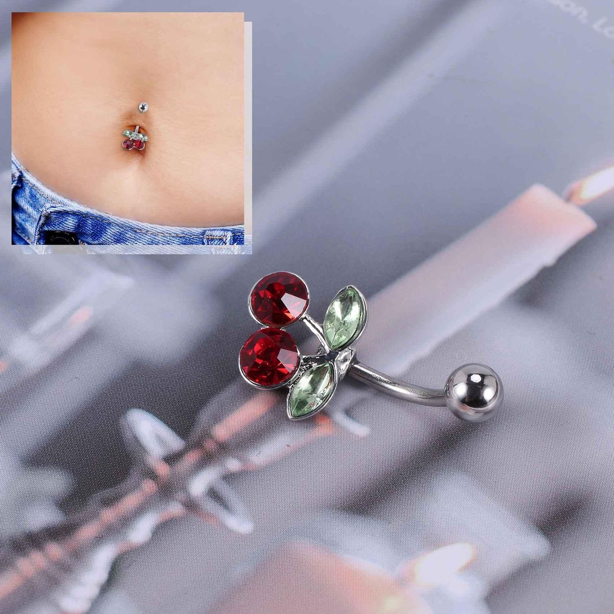 Steel Cherry Belly Navel Bar Button Ring Body