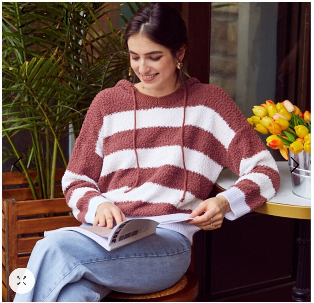 Women Stripe Patchwork Fleece Knitted Sweatshirt Pullover Hoodie