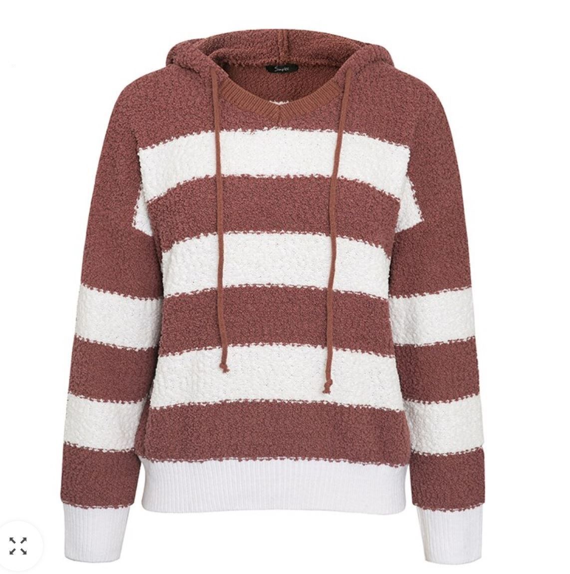 Women Stripe Patchwork Fleece Knitted Sweatshirt Pullover Hoodie