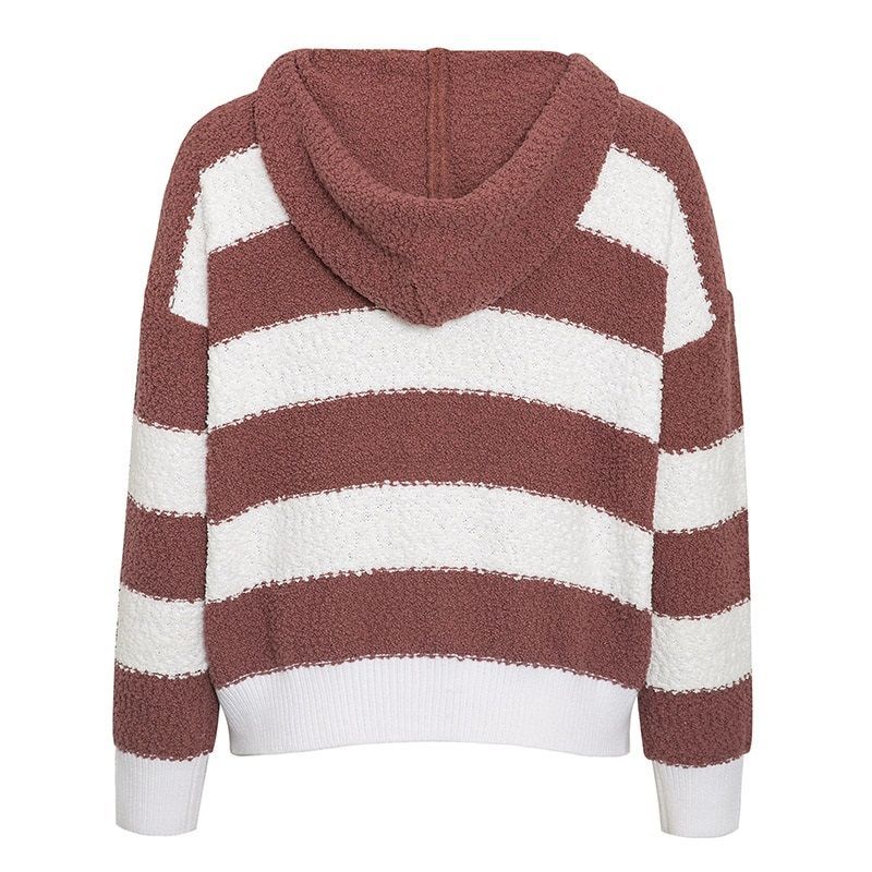 Women Stripe Patchwork Fleece Knitted Sweatshirt Pullover Hoodie