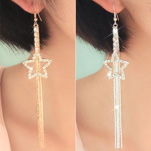 Women\'s Rhinestone Pentacle Star Drop Long Tassels Chain Hook Dangle Linear Earrings-Silver