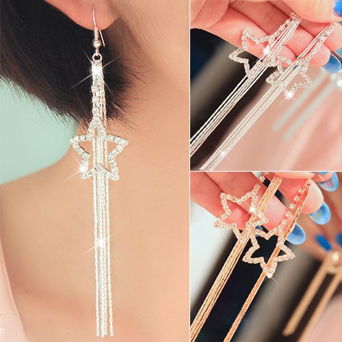 Women\'s Rhinestone Pentacle Star Drop Long Tassels Chain Hook Dangle Linear Earrings-Silver