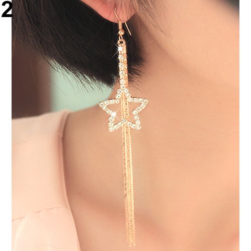 Women\'s Rhinestone Pentacle Star Drop Long Tassels Chain Hook Dangle Linear Earrings-Silver