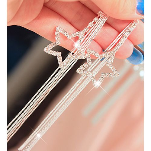 Women\'s Rhinestone Pentacle Star Drop Long Tassels Chain Hook Dangle Linear Earrings-Silver