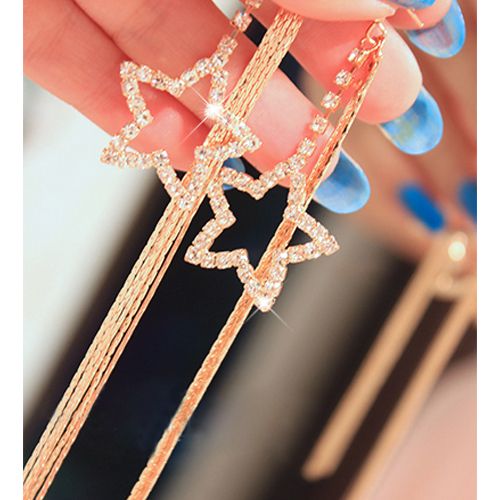 Women\'s Rhinestone Pentacle Star Drop Long Tassels Chain Hook Dangle Linear Earrings-Silver