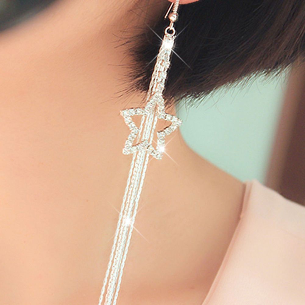 Women\'s Rhinestone Pentacle Star Drop Long Tassels Chain Hook Dangle Linear Earrings-Silver