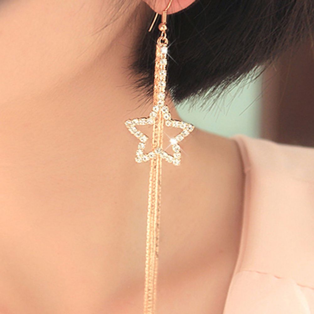 Women\'s Rhinestone Pentacle Star Drop Long Tassels Chain Hook Dangle Linear Earrings-Silver