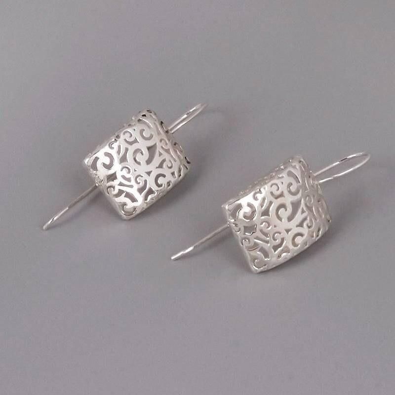 Fashion Geometric Hollow Pendant Earrings Fashionable Metal Silver Color Plating Carving Patterns Party Wedding Earrings Jewelry