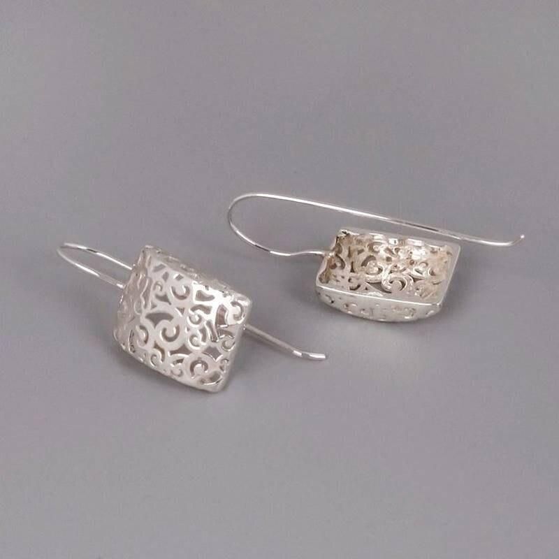 Fashion Geometric Hollow Pendant Earrings Fashionable Metal Silver Color Plating Carving Patterns Party Wedding Earrings Jewelry