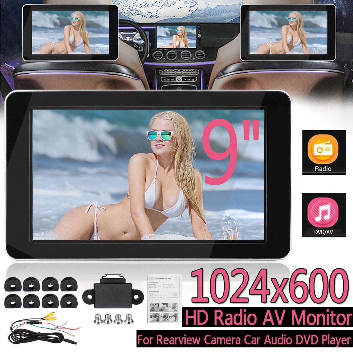 High Definition 9-inch Vehicle Headrest Display Vehicle General External Headrest 3-screen Simultaneous Display 918AV