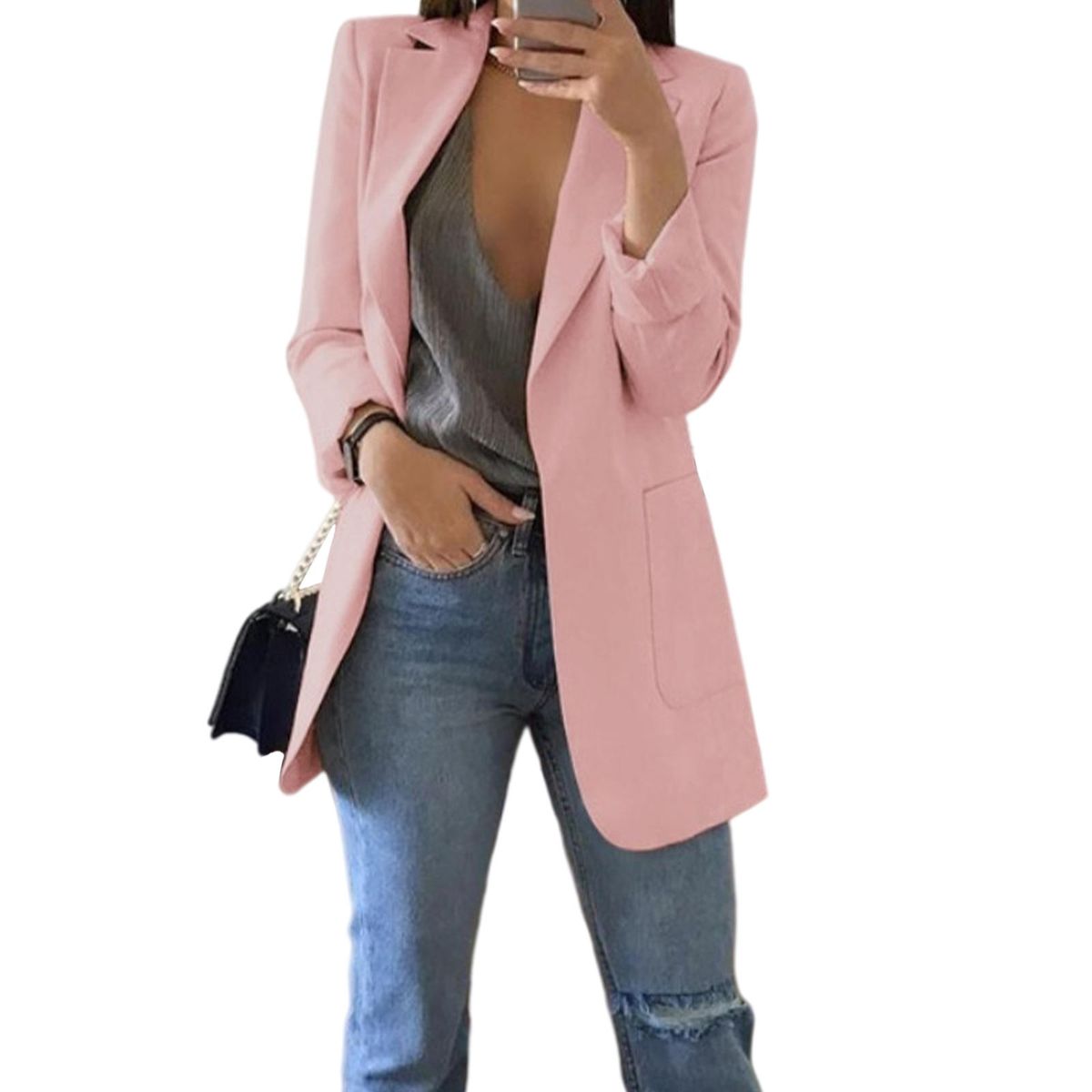 Neckline Long Sleeve Open Front Cardigan Ladies Pink L