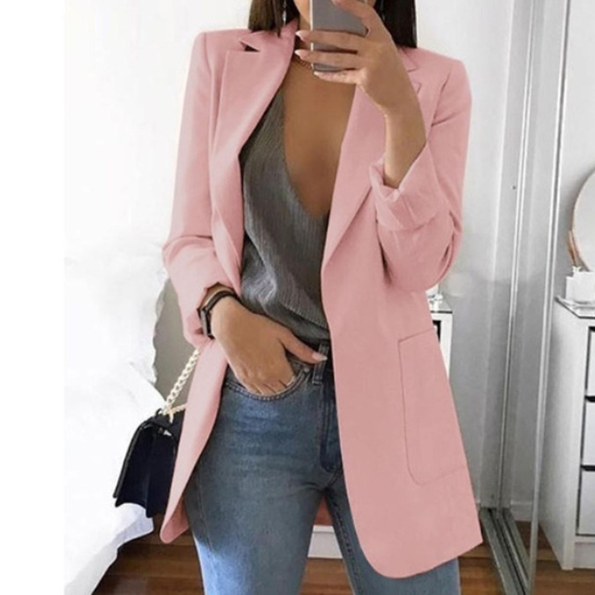 Neckline Long Sleeve Open Front Cardigan Ladies Pink L
