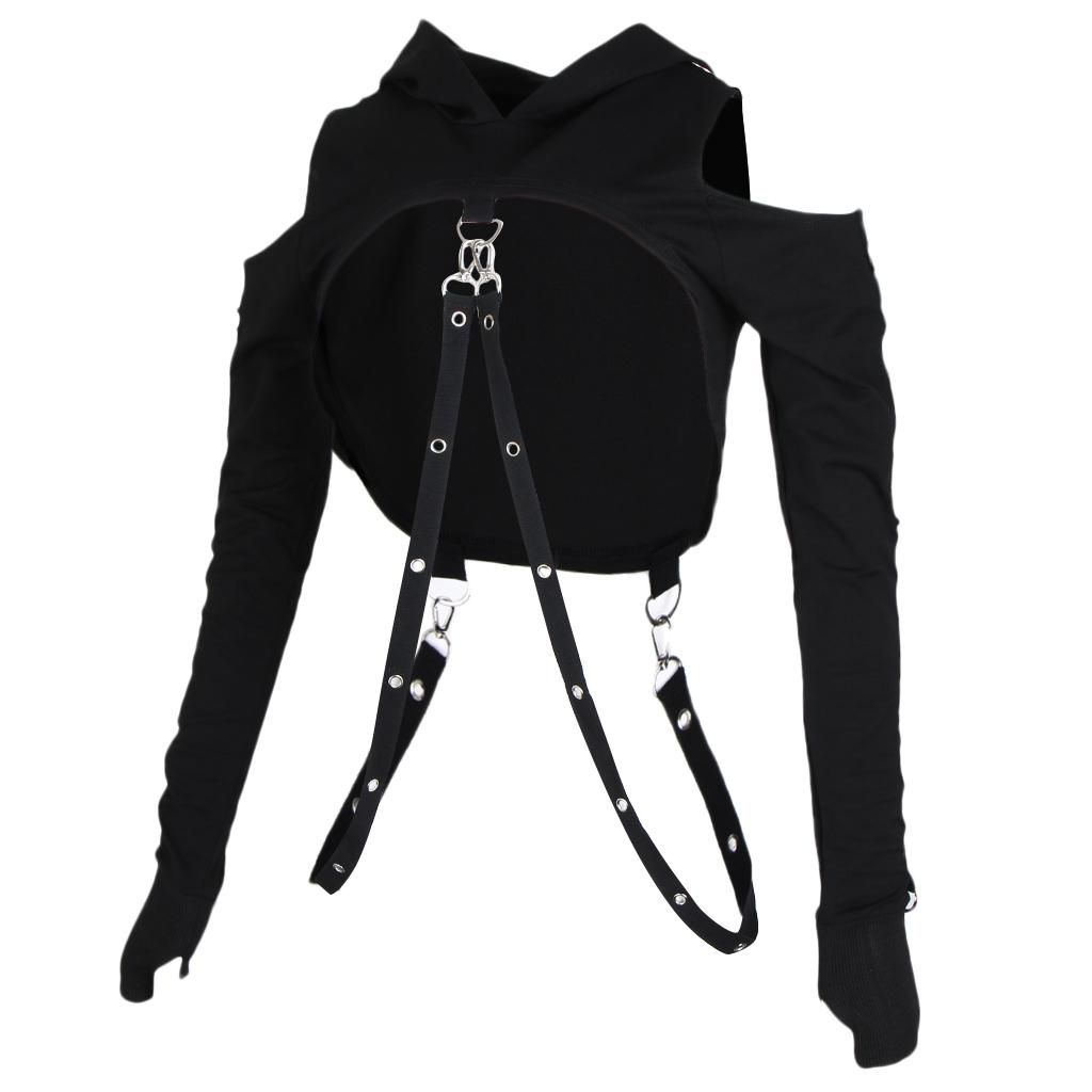 Women Girls Gothic Cold Shoulder Hoodies  Ong Sleeve Crop Tops - L