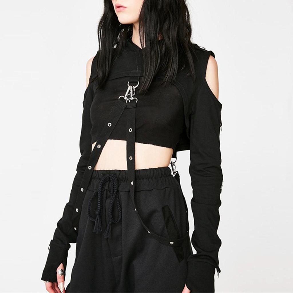 Women Girls Gothic Cold Shoulder Hoodies  Ong Sleeve Crop Tops - L