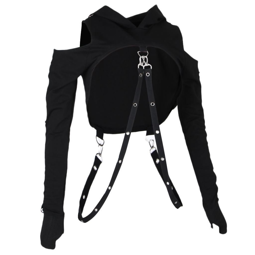 Women Girls Gothic Cold Shoulder Hoodies  Ong Sleeve Crop Tops - L