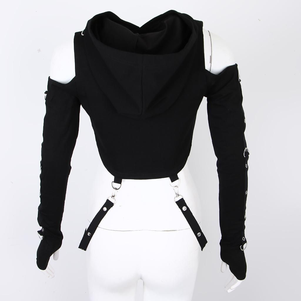 Women Girls Gothic Cold Shoulder Hoodies  Ong Sleeve Crop Tops - L