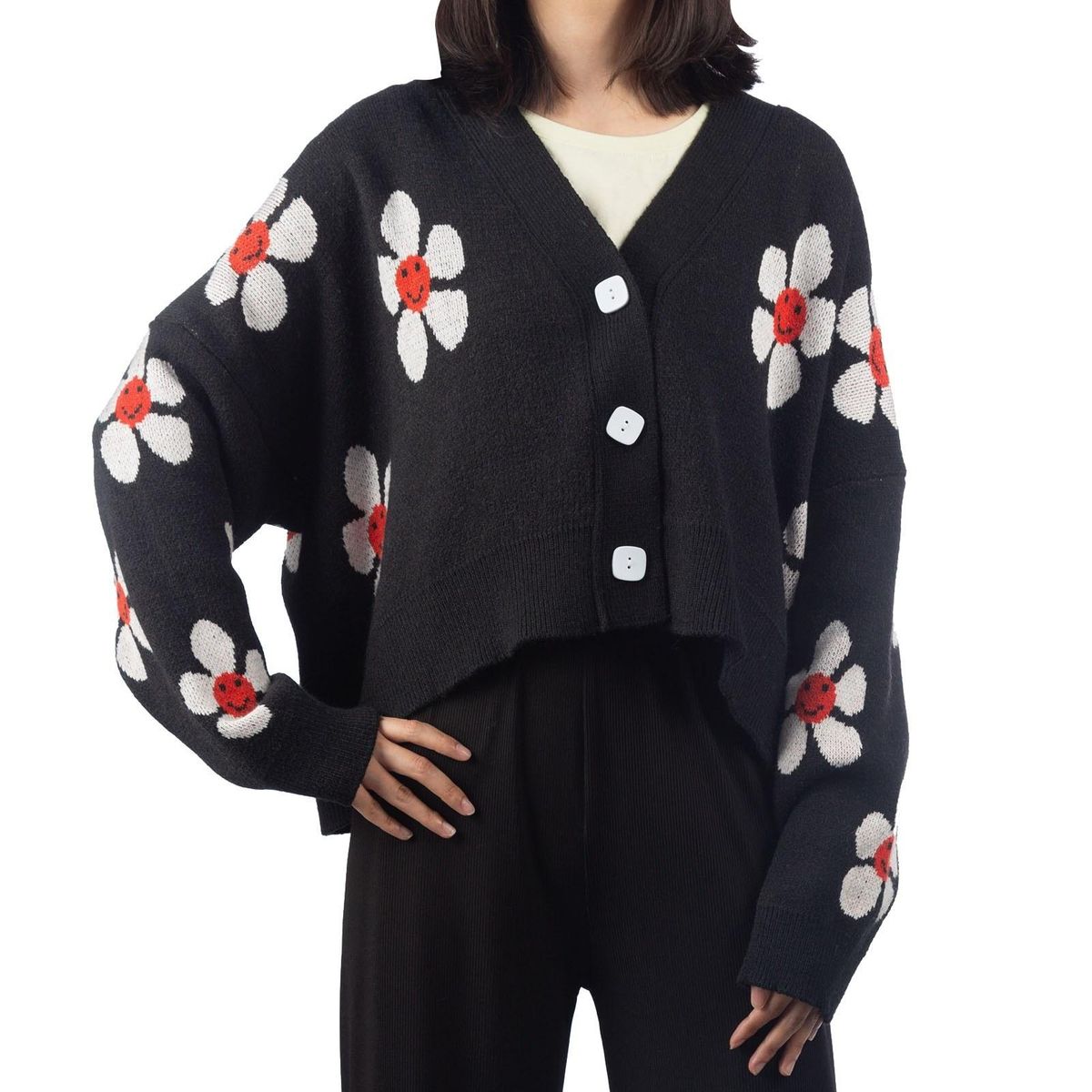Short Cardigan for Women Flower Knit Sweater V Neck Button Long Sleeve Loose Coat Casual