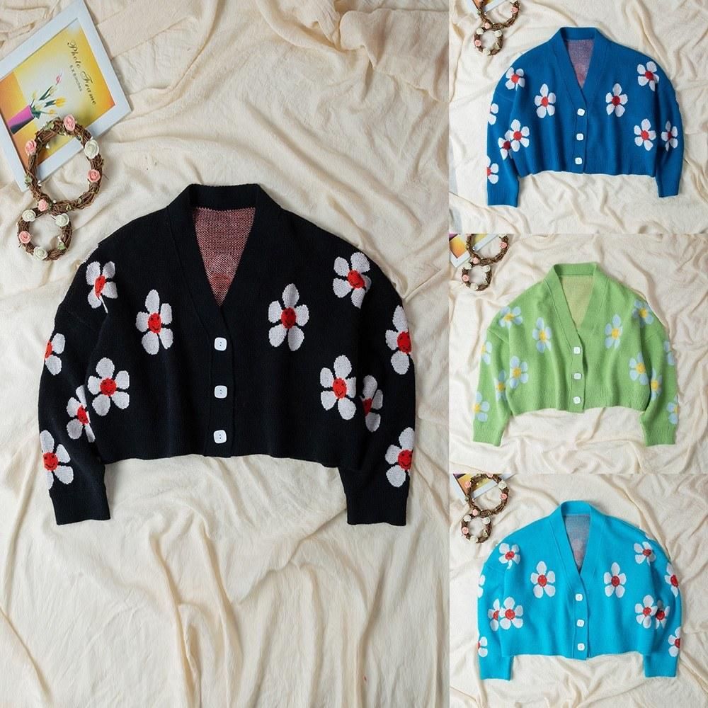 Short Cardigan for Women Flower Knit Sweater V Neck Button Long Sleeve Loose Coat Casual