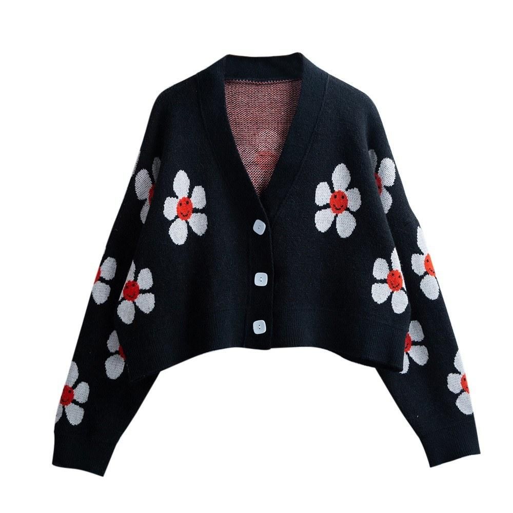 Short Cardigan for Women Flower Knit Sweater V Neck Button Long Sleeve Loose Coat Casual