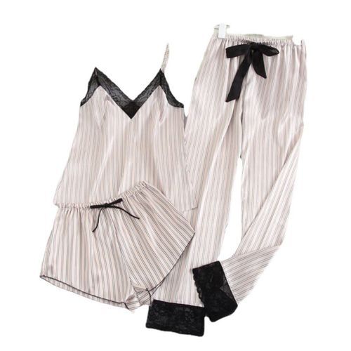 Women's 3Piece Sexy Girls Sleepwear Striped Loungewear Nightwear