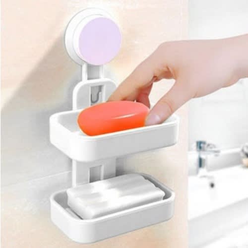 Double Layer Soap Rack With Suction Cup - White