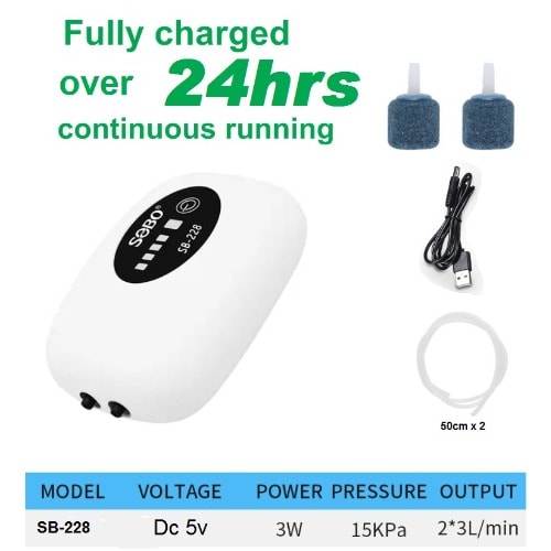 Aquarium Oxygen Pump - Aerator Double Air Outlet AC DC USB Charging Ultra Silent For Fish Pond