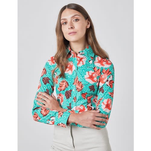 Women's Teal & Brown Vintage Floral Fitted Shirt - Single Cuff