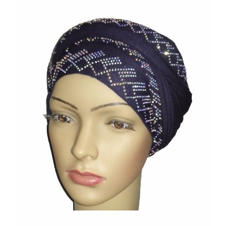 Silky Regal Studded Turban with Diamond Design - Navy Blue