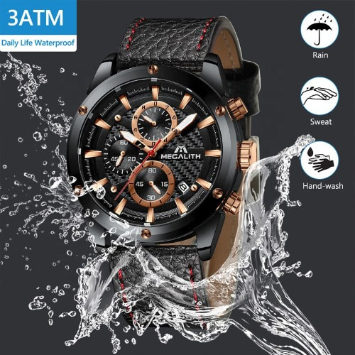 Men's Genuine Leather Strap Water Resistant Chronograph Watches - Black