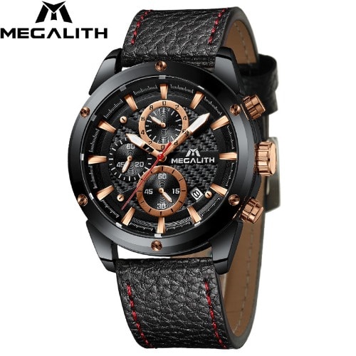 Men's Genuine Leather Strap Water Resistant Chronograph Watches - Black