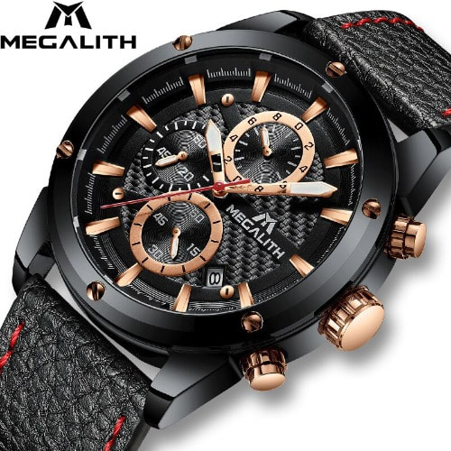 Men's Genuine Leather Strap Water Resistant Chronograph Watches - Black