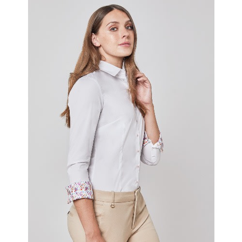 Women's White Poplin Fitted Shirt With Floral Contrast
