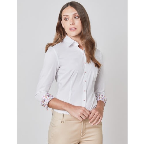 Women's White Poplin Fitted Shirt With Floral Contrast