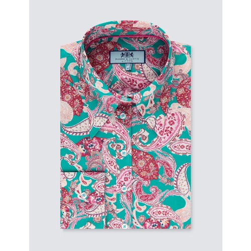 Women's Green & Rusty Pink Paisley Fitted Shirt With Vintage Collar - Single Cuff