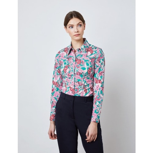 Women's Green & Rusty Pink Paisley Fitted Shirt With Vintage Collar - Single Cuff