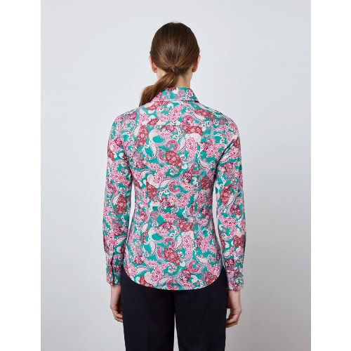 Women's Green & Rusty Pink Paisley Fitted Shirt With Vintage Collar - Single Cuff
