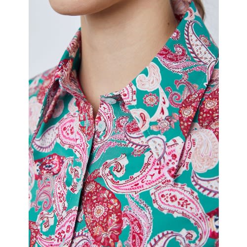 Women's Green & Rusty Pink Paisley Fitted Shirt With Vintage Collar - Single Cuff