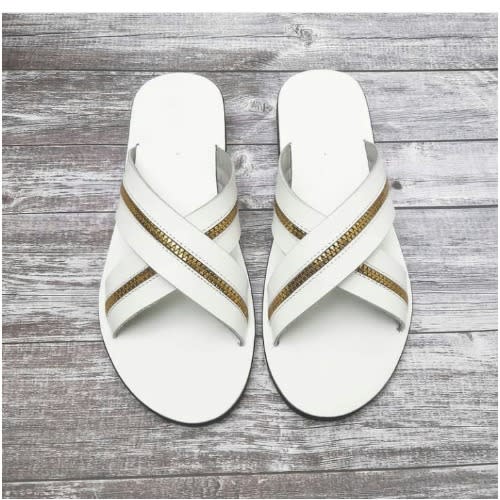 White Zip Leather Male Crossed Slippers