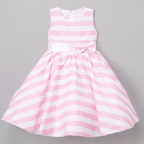 Stripe Sash A-Line Dress -  White & Pink