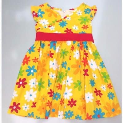 Frills Neckline Floral Cotton Dress  -Yellow