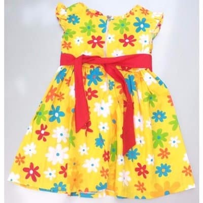 Frills Neckline Floral Cotton Dress  -Yellow