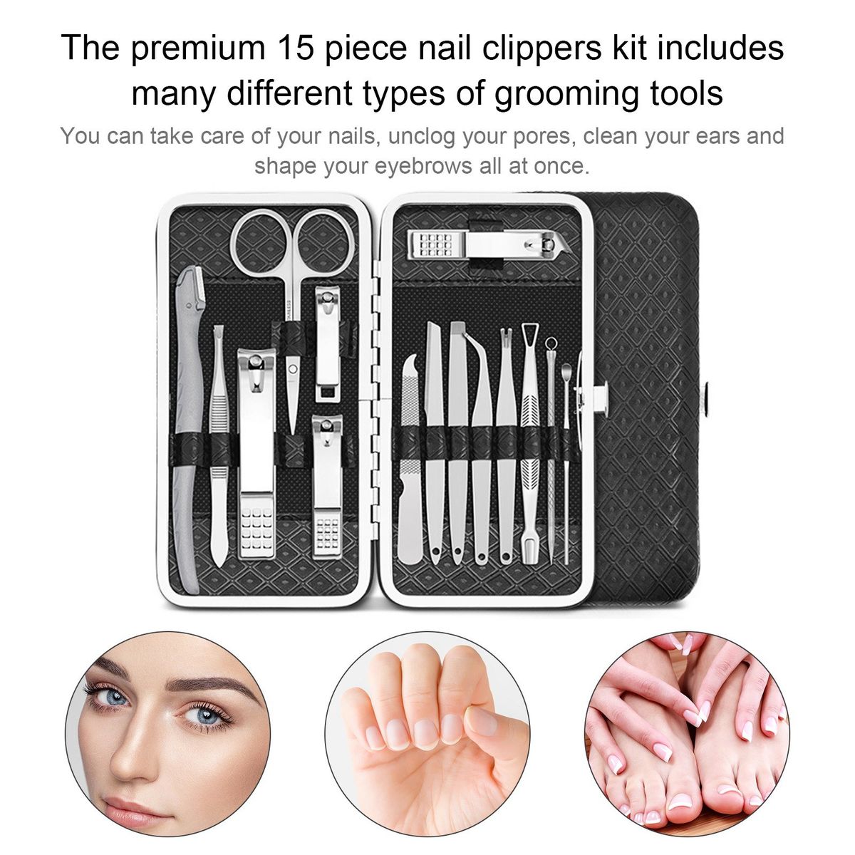 15 Pcs Manicure Pedicure Set Nail Clipper Set Professional Eyebrow Shaping Grooming Kit
