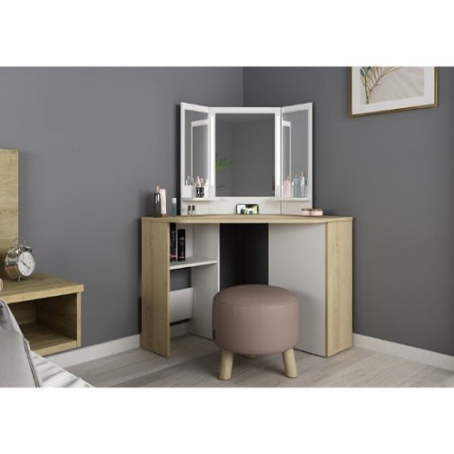 Buf Dressing Table With Mirror - Natural Oak & White