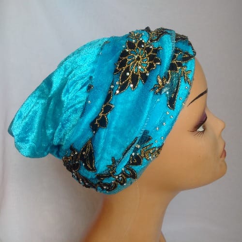 Double Wrap Laced Turban Head Wrap - Turquoise Blue