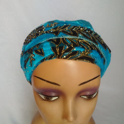 Double Wrap Laced Turban Head Wrap - Turquoise Blue