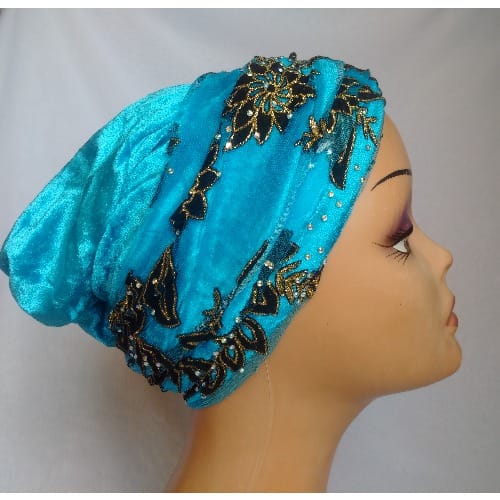 Double Wrap Laced Turban Head Wrap - Turquoise Blue